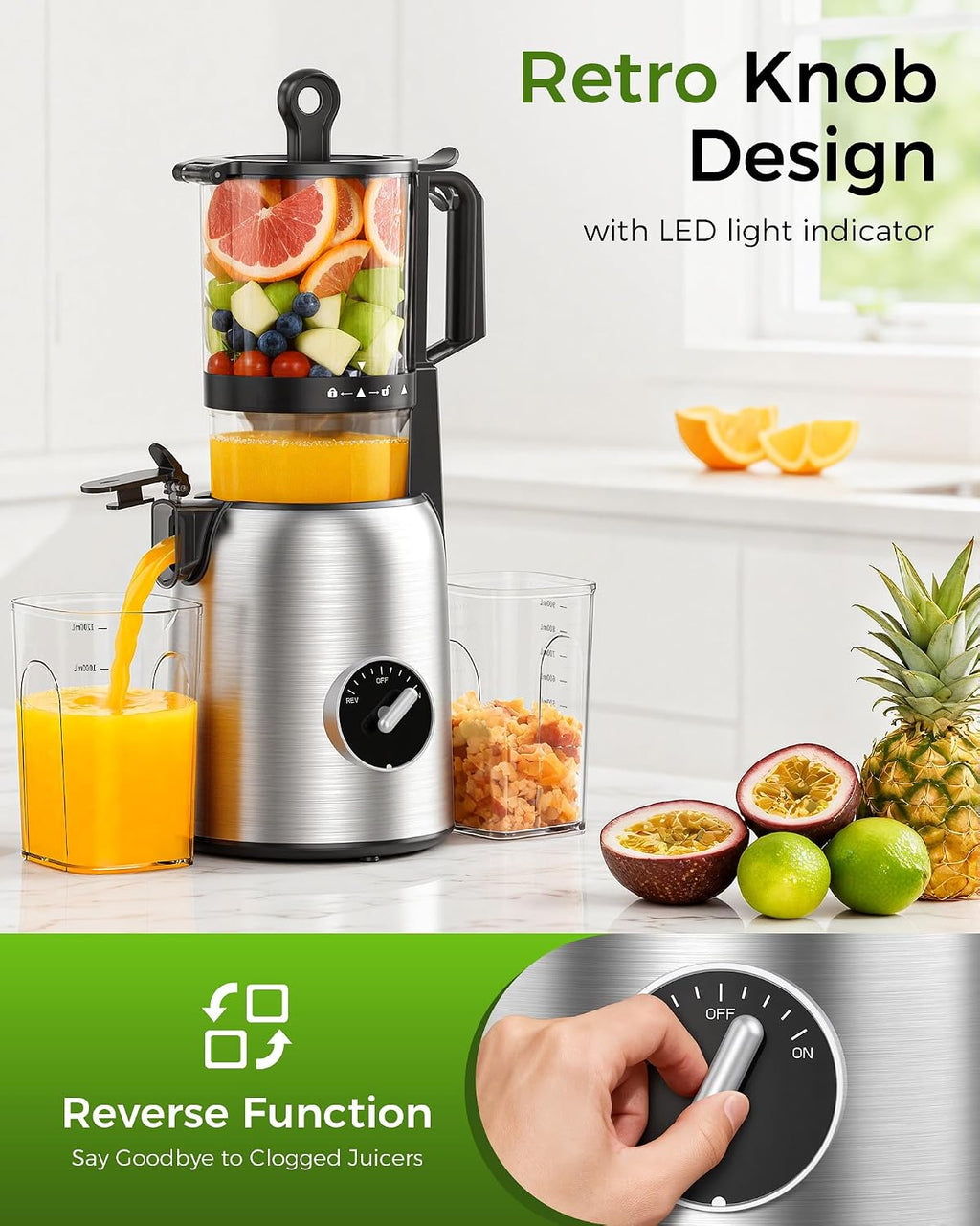 Cold Press Juicer, Juicer Machines with 5.4" Wide Feed Chute, High Juice Yield Slow Masticating Juicer, Quiet Motor