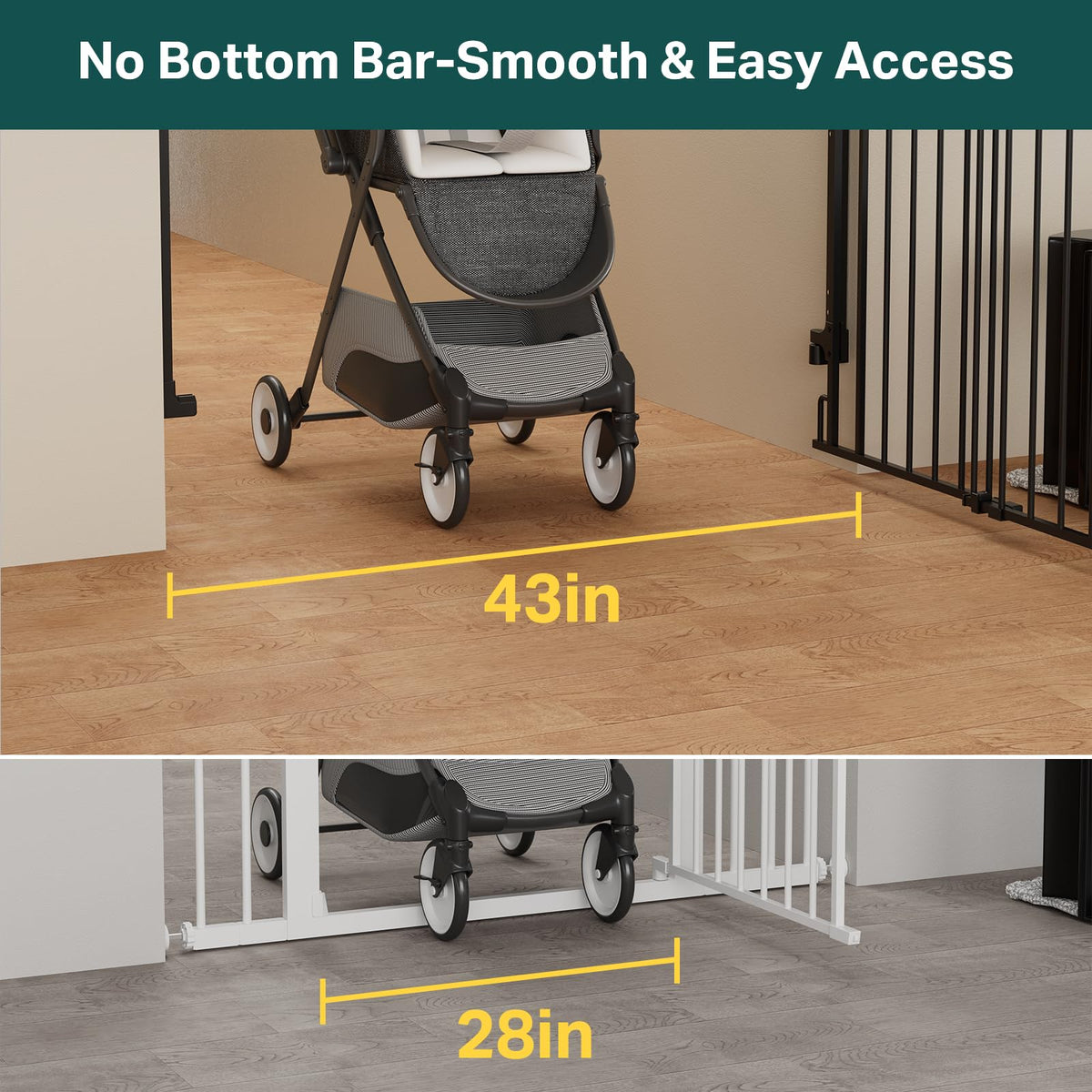 34" x 29.2-43" Extra-Tall Adjustable Hardware/Pressure-Mounted Pet & Child Safety Gate with Dual-Lock Walk-Through Swing Door for Stairs, Hallways & Wide Doorways — Black