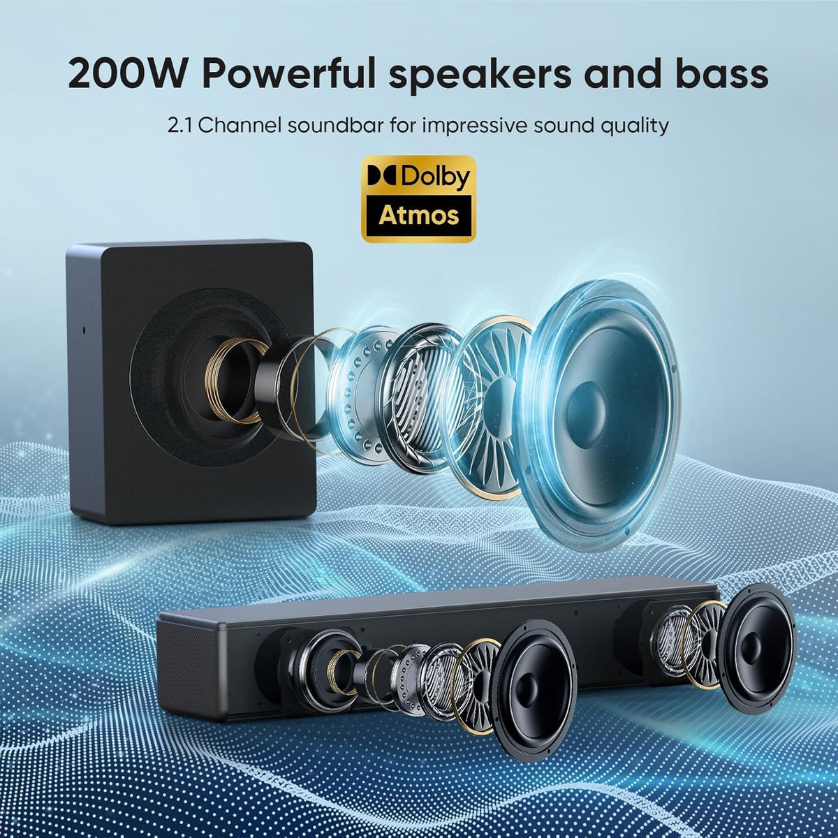 Sound bar with subwoofer, 200W 2.1 ch soundbar w/Dolby Atmos Surround Sound System, 3D Bass Adjustable Home Theater