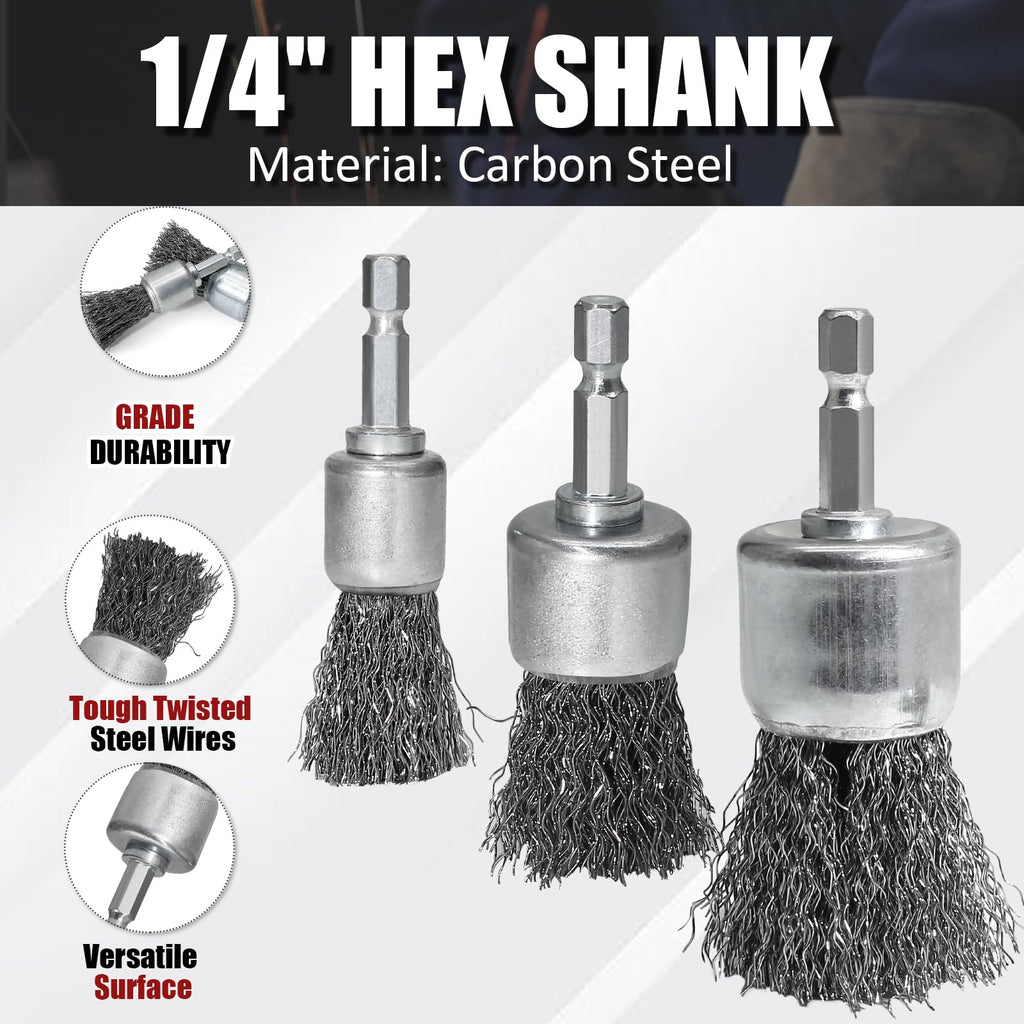 Opfiue 9 PCS 1/4" Hex Shank Wire Brush Wheel for Drill, 0.8" 1" 1.2" Sizes
