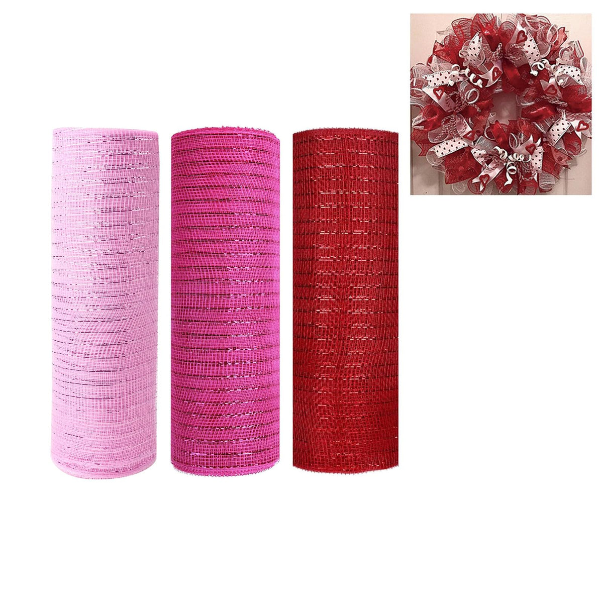 3 Rolls Pink Red Deco Mesh Ribbon for Valentines Wreath Making