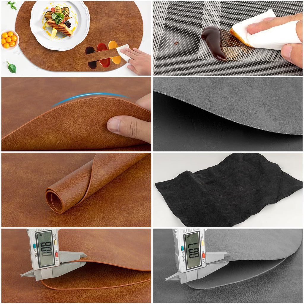 Oval Placemats Set of 6, Wipeable Faux Leather, Turmeric Brown