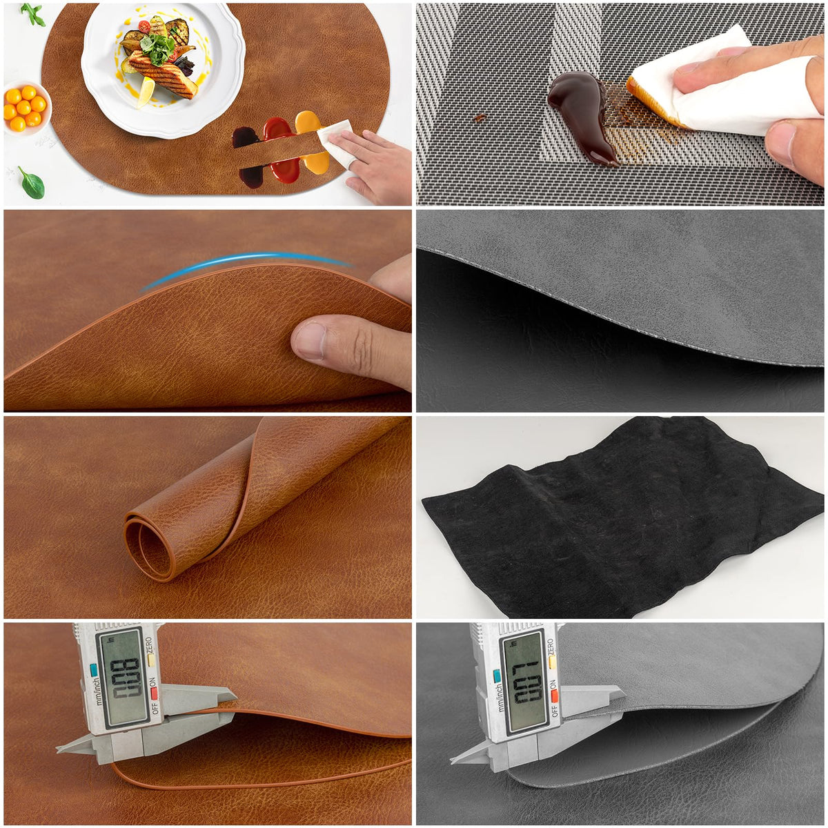 Oval Placemats Set of 6, Wipeable Faux Leather, Turmeric Brown