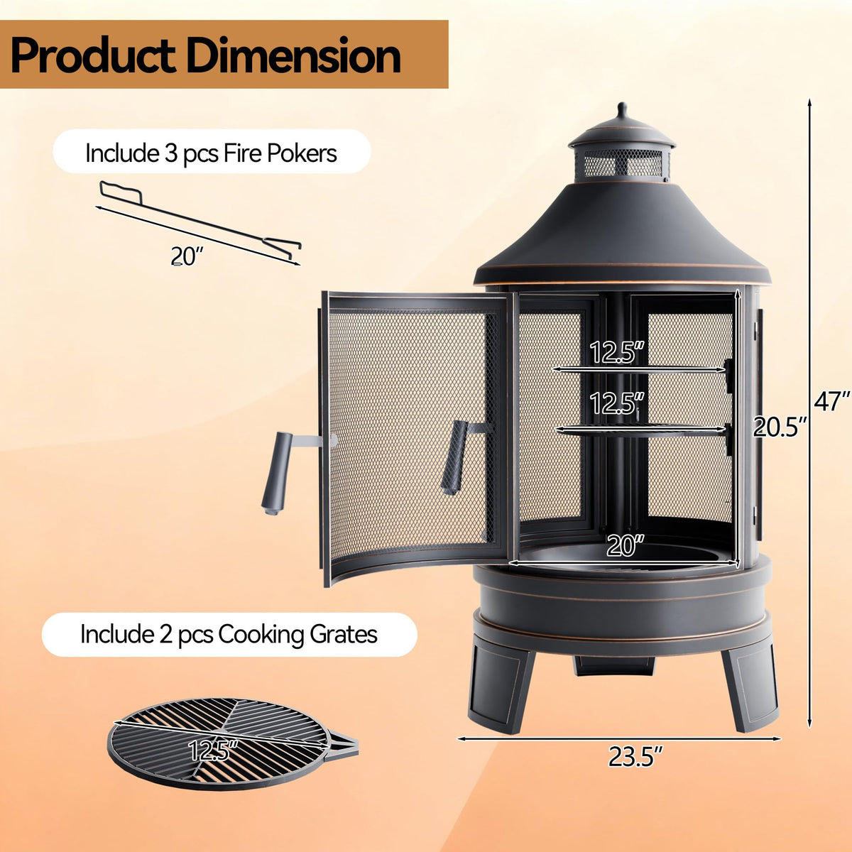 Metal Outdoor Fire Pit for Outside Wood Burning，24 Inch Chiminea Outdoor Fireplace with Adjustable Grill Tray, Spark