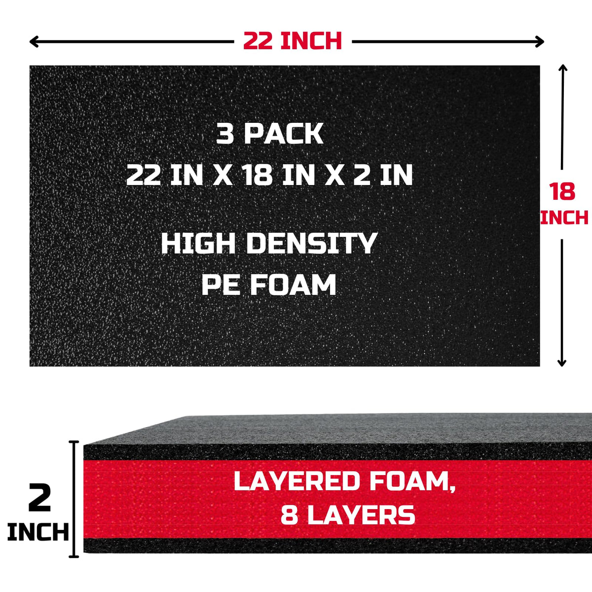 Tool Box Foam Organizer 22x18x2 inch 3 Pack, Black with Red