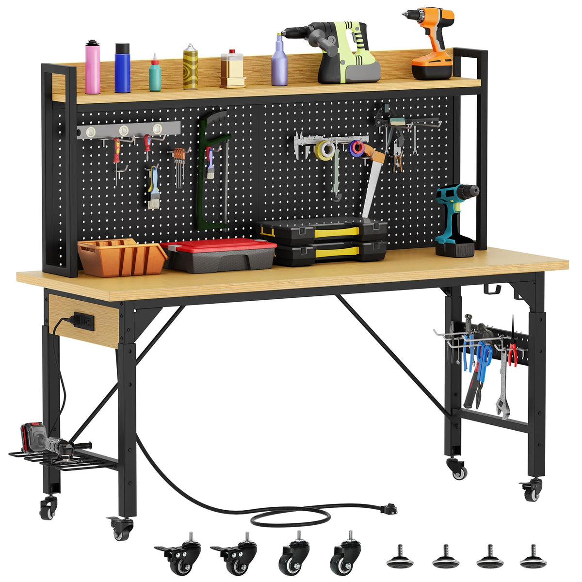 48in Adjustable Rolling Workbench Heavy Duty with Pegboard & Wheels