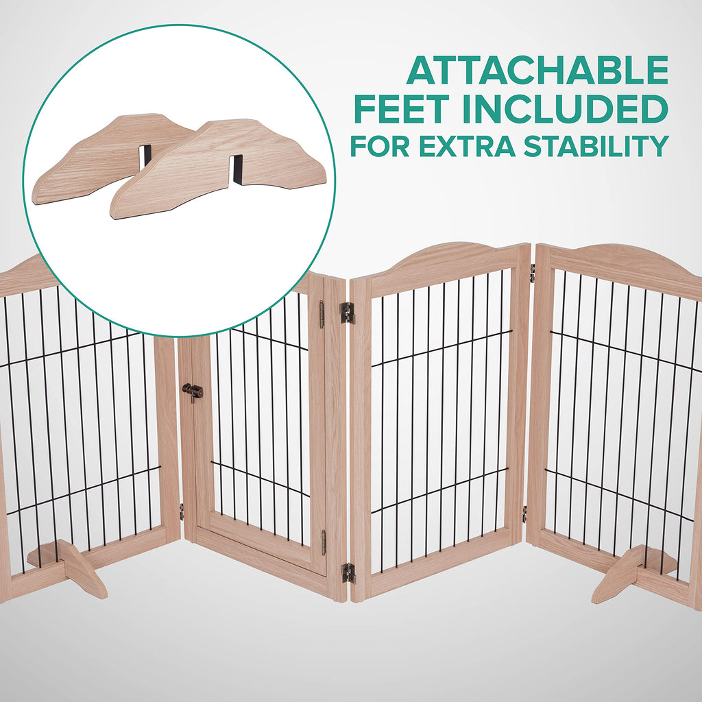 80" Wide x 31.5" Tall 4-Panel Freestanding Solid Wood 360° Configurable Pet & Dog Barrier Gate with Walk-Through Swing Door for Wide Indoor Openings, Hallways & Stairs