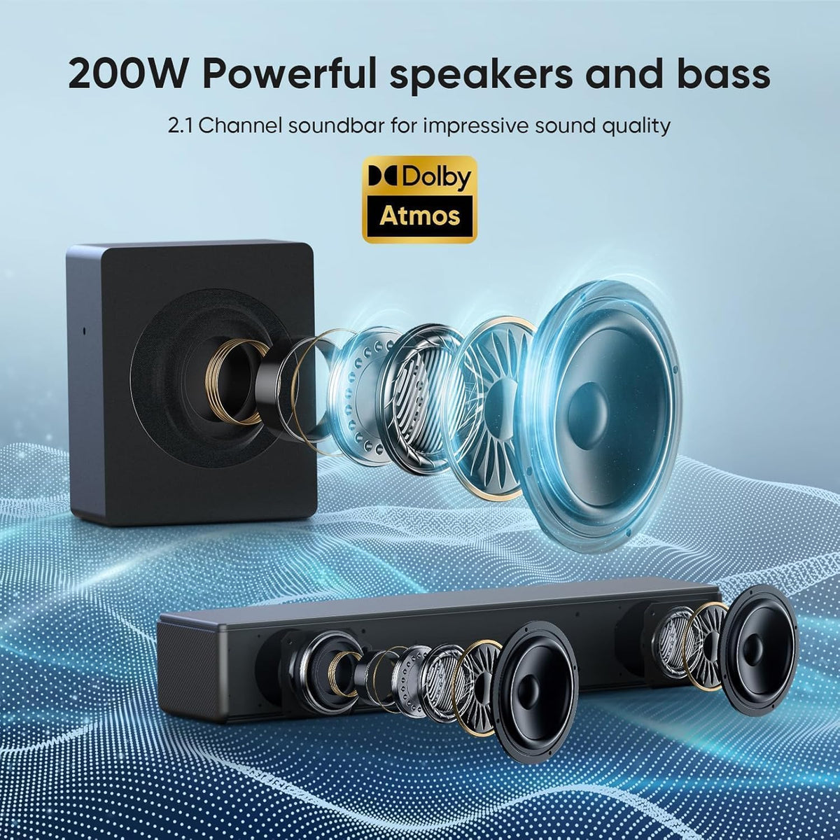 2.1 CH Soundbar w/Subwoofer,100W Dolby Atmos Sound Bar for Smart TV | 2.1 CH 3D Surround Sound System Adjustable Deep