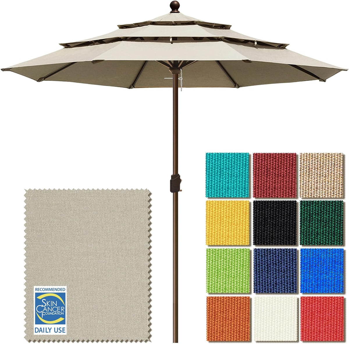 USA 10-Year-Non-Fading 11ft 3-Tier Market Patio Umbrella, Commercial Grade Outdoor Table Umbrella with Crank Open