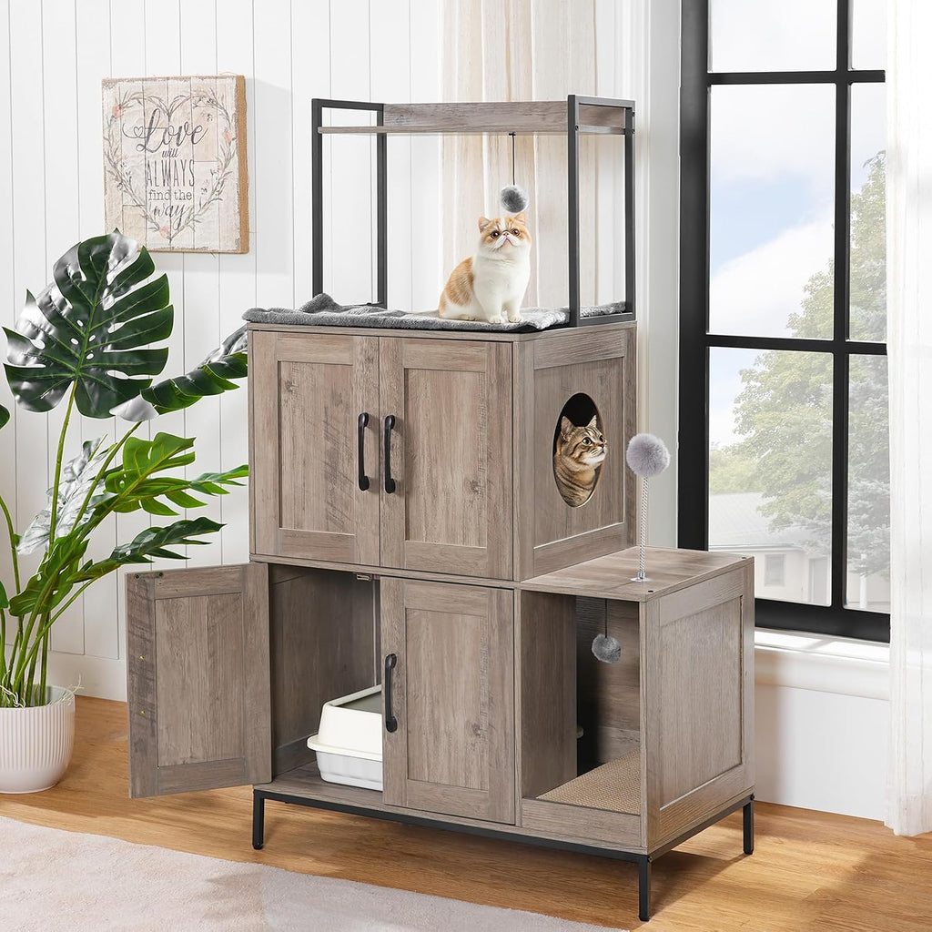 Cat Litter Box Enclosure Furniture, 2 in 1 Hidden Litter Box Furniture with Shelf, Double Litter Box Cabinet with 2