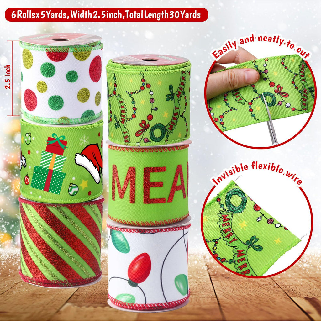 Christmas Ribbon Wired 2.5 inch,6 Rolls 30 Yards Christmas Ribbon