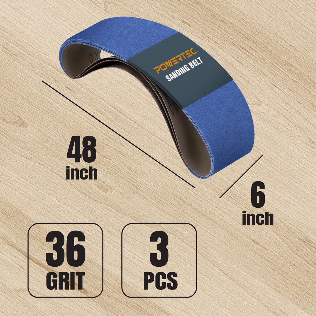 POWERTEC 6 x 48 Inch Zirconia Sanding Belts, 3PK, 36 Grit Belt Sander Sanding Belt for Bench Sander, Belt and Disc sander, Woodworking & Paint Removal, Metal Polishing (4648036Z-3)