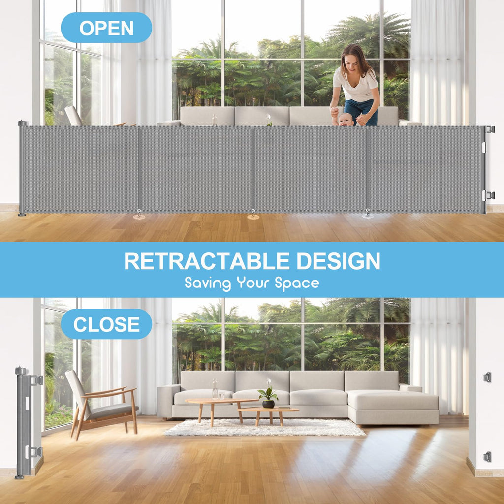 180" x 41" Extra-Wide Retractable Indoor Mesh Pet & Child Safety Gate with One-Hand Safety Lock for Wide Openings, Patios & Stairways