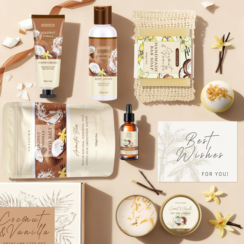 Gifts for Women Birthday Gift Baskets Vanilla Coconut Relaxing Home Spa Set