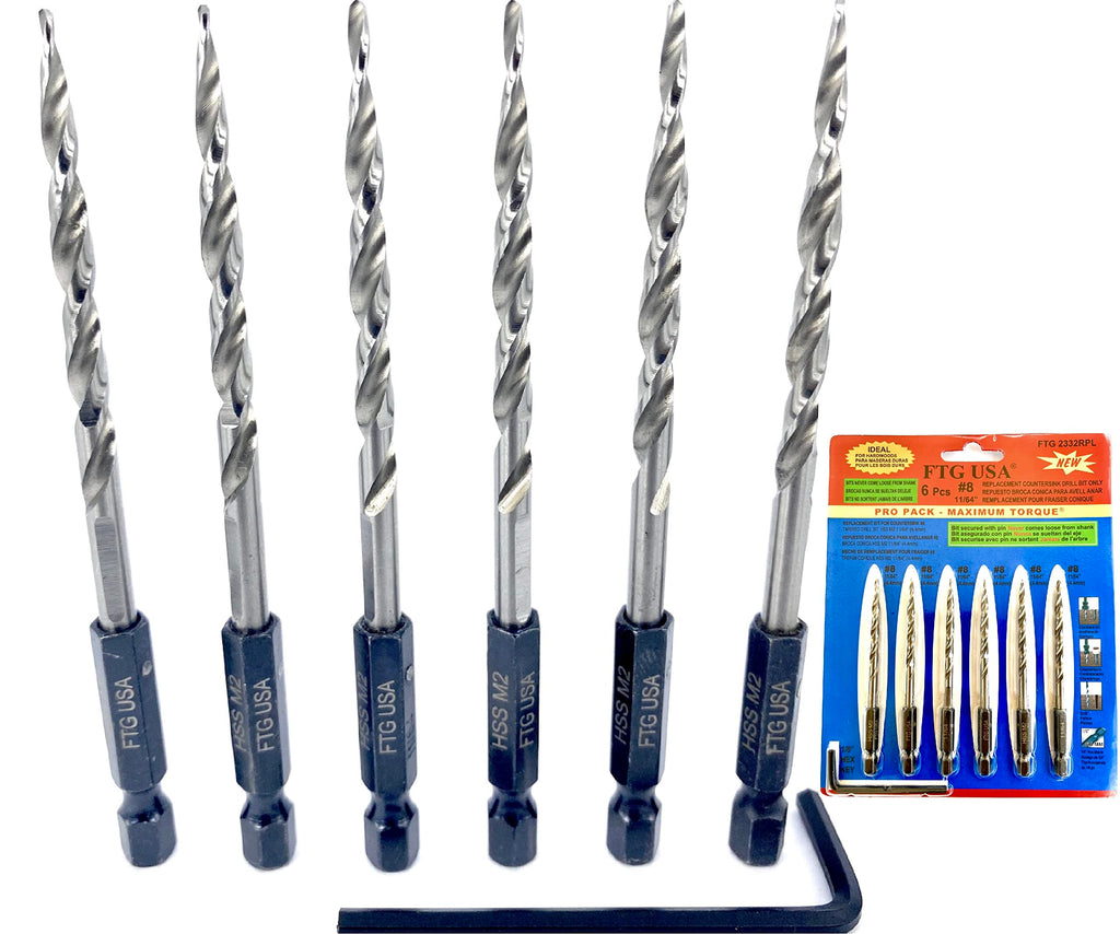 FTG USA 6 Pc #8(11/64") Replacement Tapered Countersink Drill Bit Hex Shank