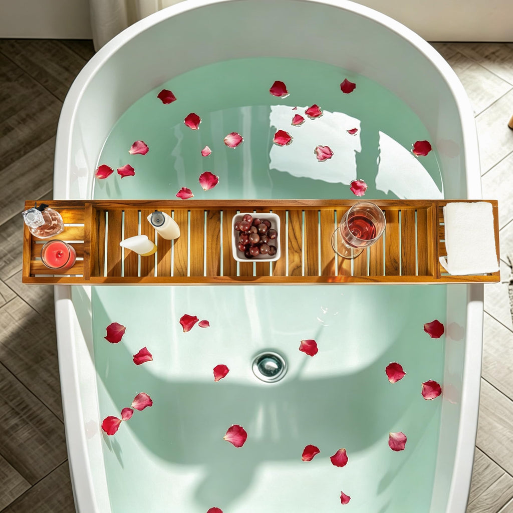 Non-Expandable Teak Bathtub Tray, 33.86" x 5.98" x 1.77"