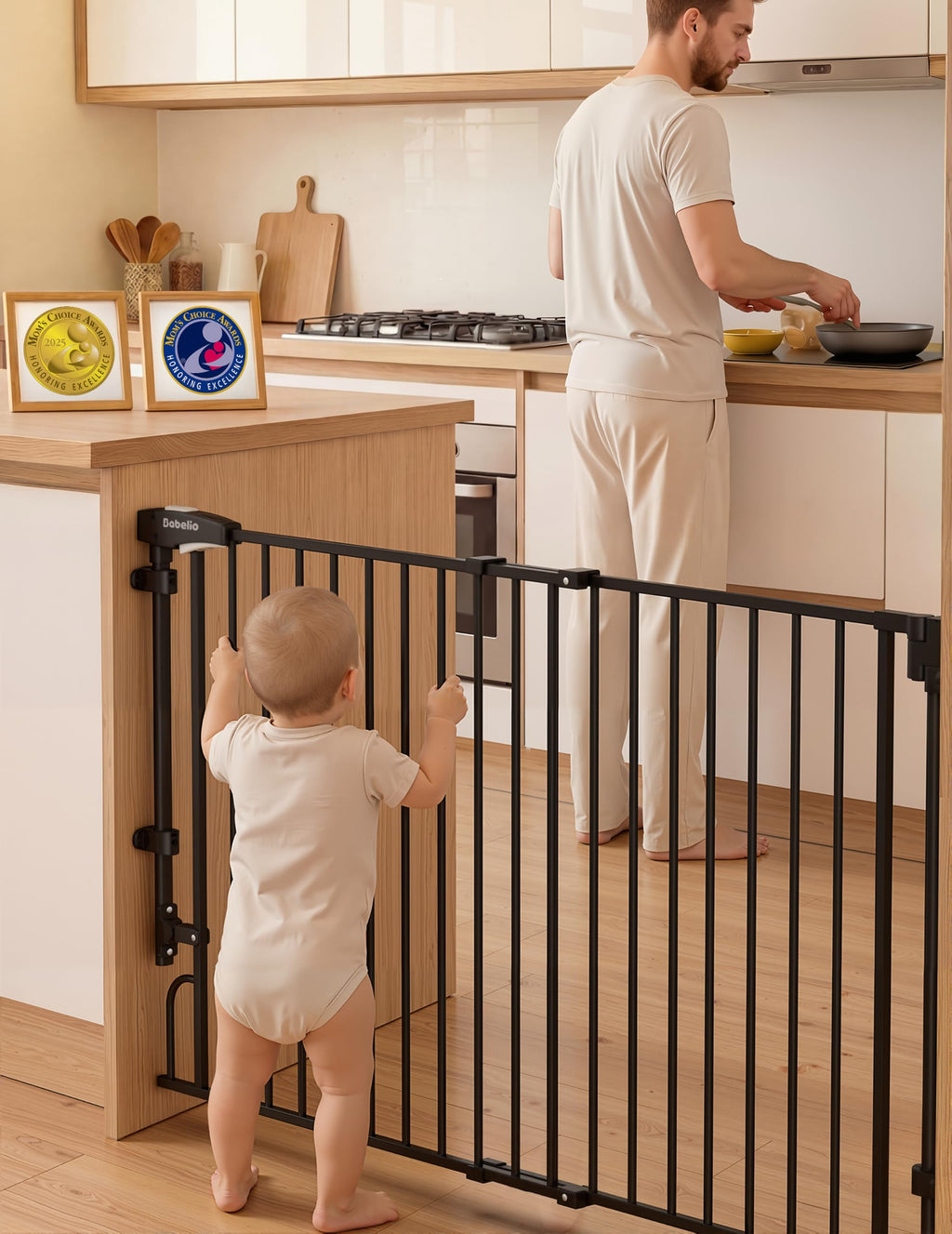 35.5-55" x 30" H Adjustable Hardware/Pressure-Mounted Pet & Child Safety Gate with Dual-Lock Walk-Through Swing Door for Stairs, Hallways & Wide Doorways — Black