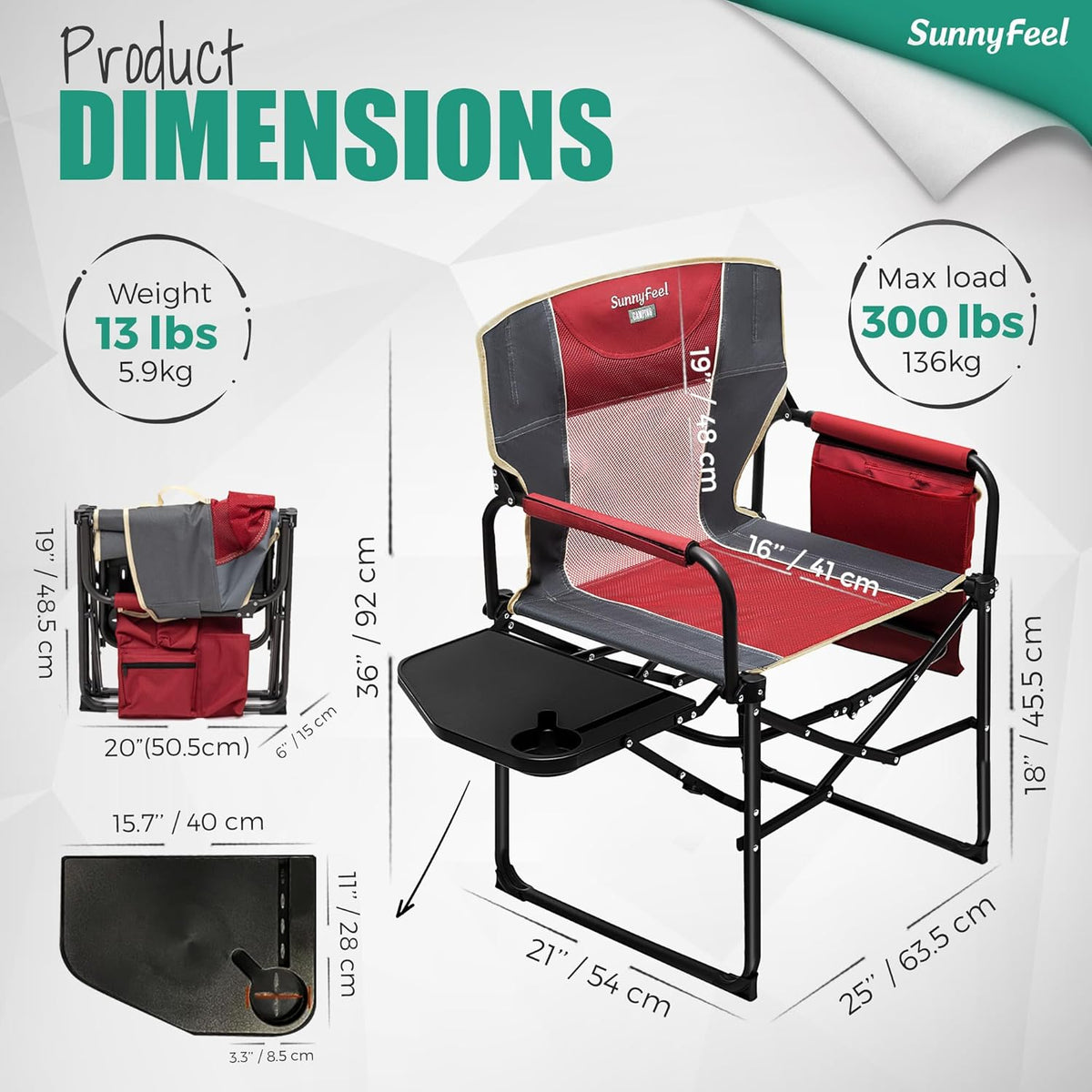 Camping Directors Chair, Heavy Duty,Oversized Portable Folding Chair with Side Table, Pocket for Beach