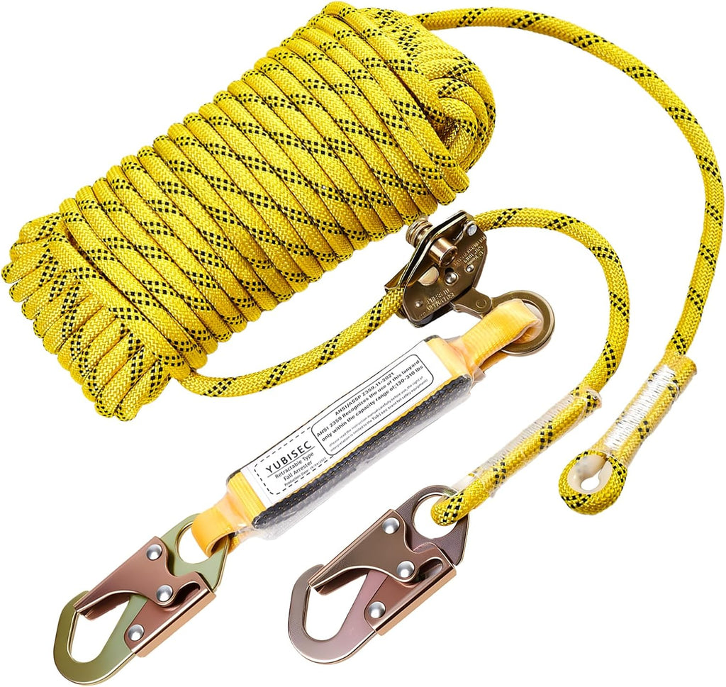 Rope Harness Safety Lanyard 100FT, Vertical Lifeline Assembly | Grab Snap Hooks Shock Absorber, Fall Protection Tree