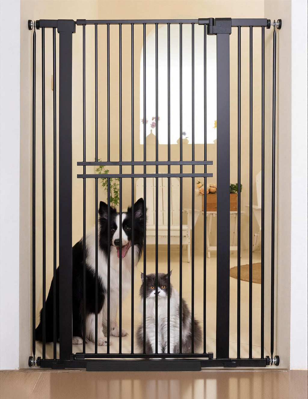 55" x 29-40" Wide Extra-Tall & Extra-Wide Adjustable Hardware/Pressure-Mounted Pet & Child Safety Gate with Dual-Lock Walk-Through Swing Door for Stairs, Hallways & Wide Doorways — Black