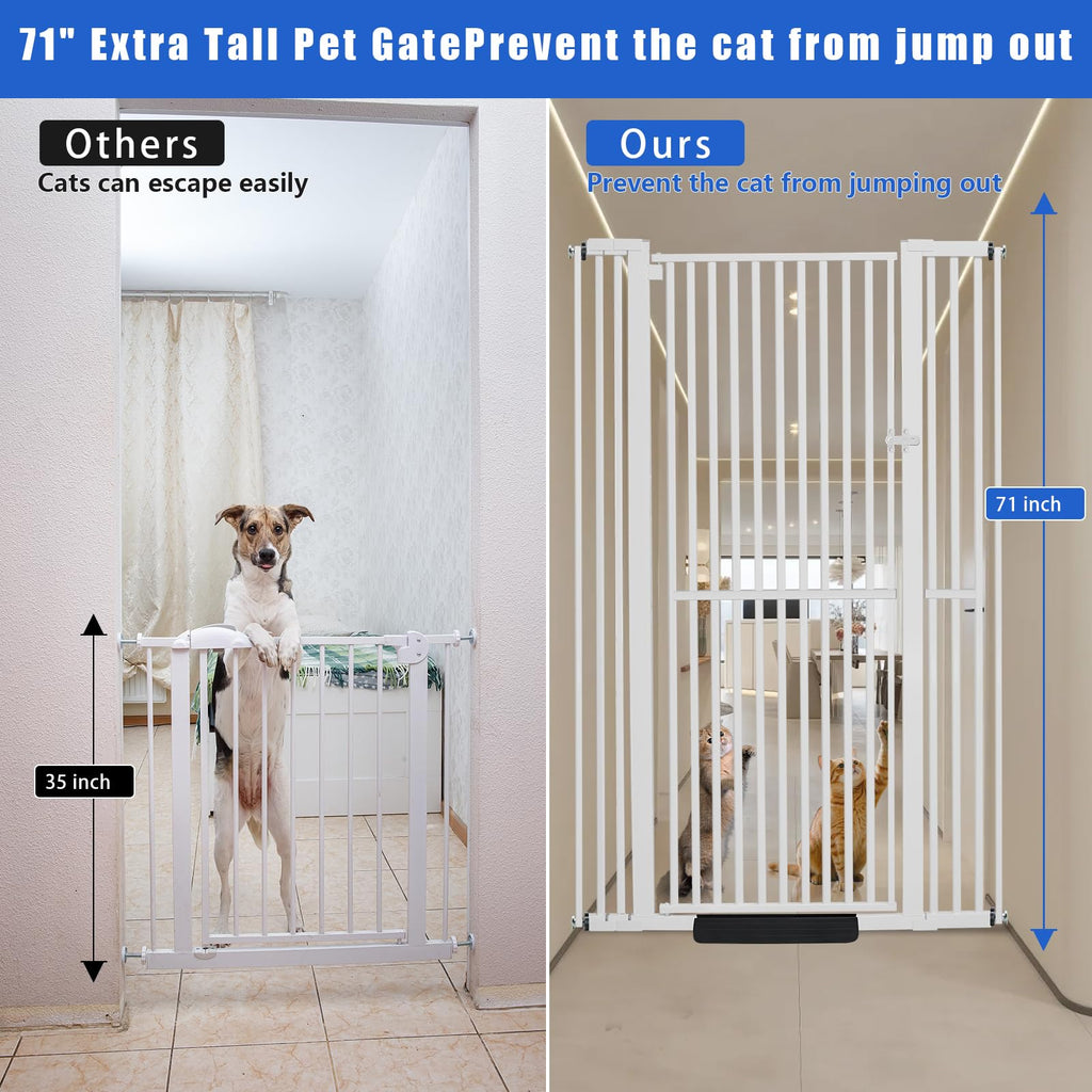 71" x 29.92-43" Extra-Tall Full-Height Anti-Jump Cat & Pet Safety Gate with Narrow Bar Spacing & Double-Lock Walk-Through Door for Doorways & Stairs