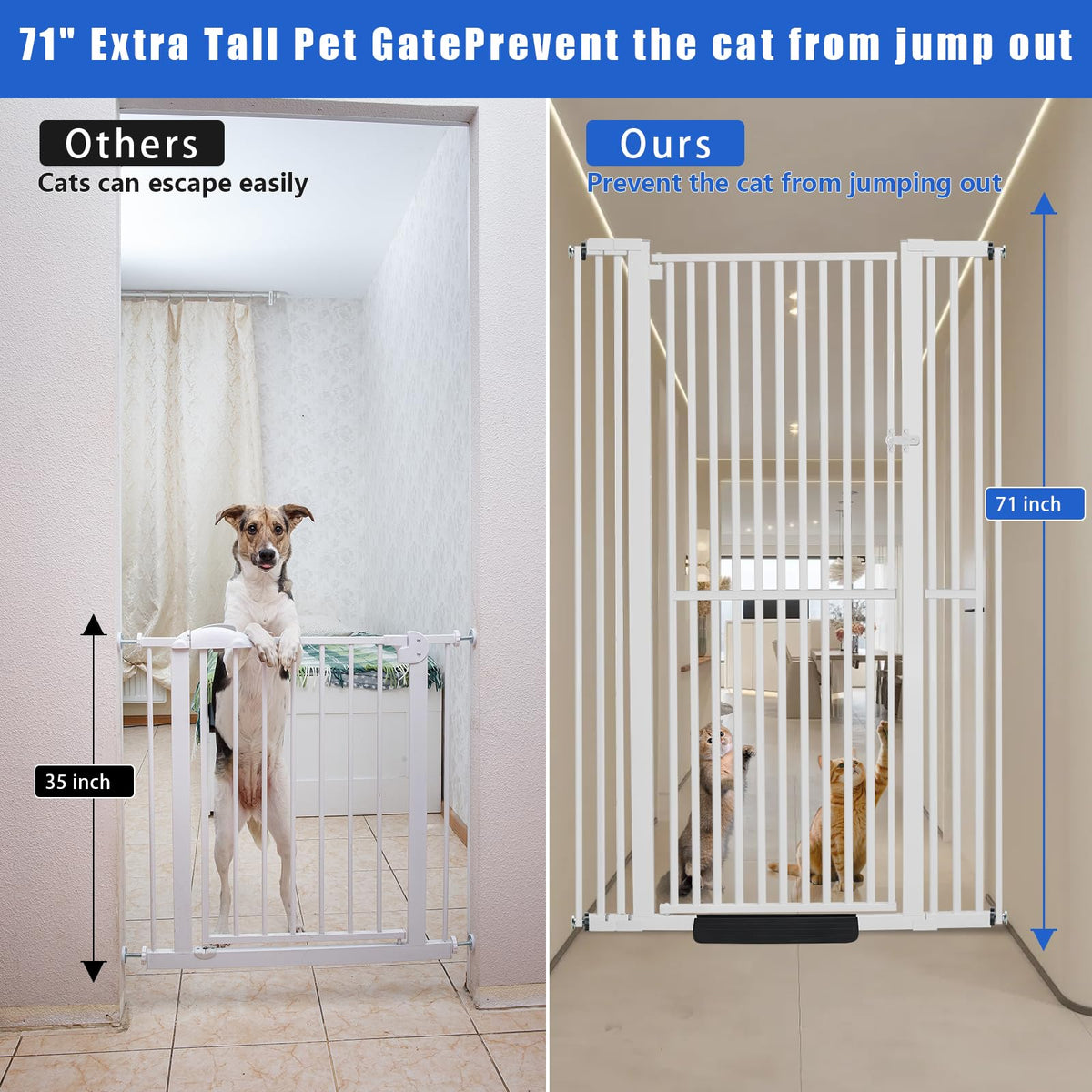 71" x 29.92-43" Extra-Tall Full-Height Anti-Jump Cat & Pet Safety Gate with Narrow Bar Spacing & Double-Lock Walk-Through Door for Doorways & Stairs
