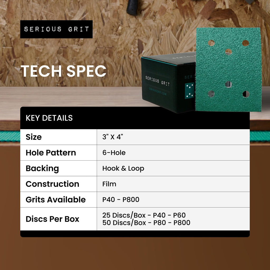 Serious Grit - 3" x 4" 6-Hole P180 Grit Sanding Sheets - 50 Pack Box