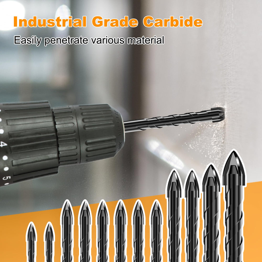 12Pcs Cross-Tip Masonry Drill Bit Set & Concrete Drill Bit Set, 3/16"-1/2"