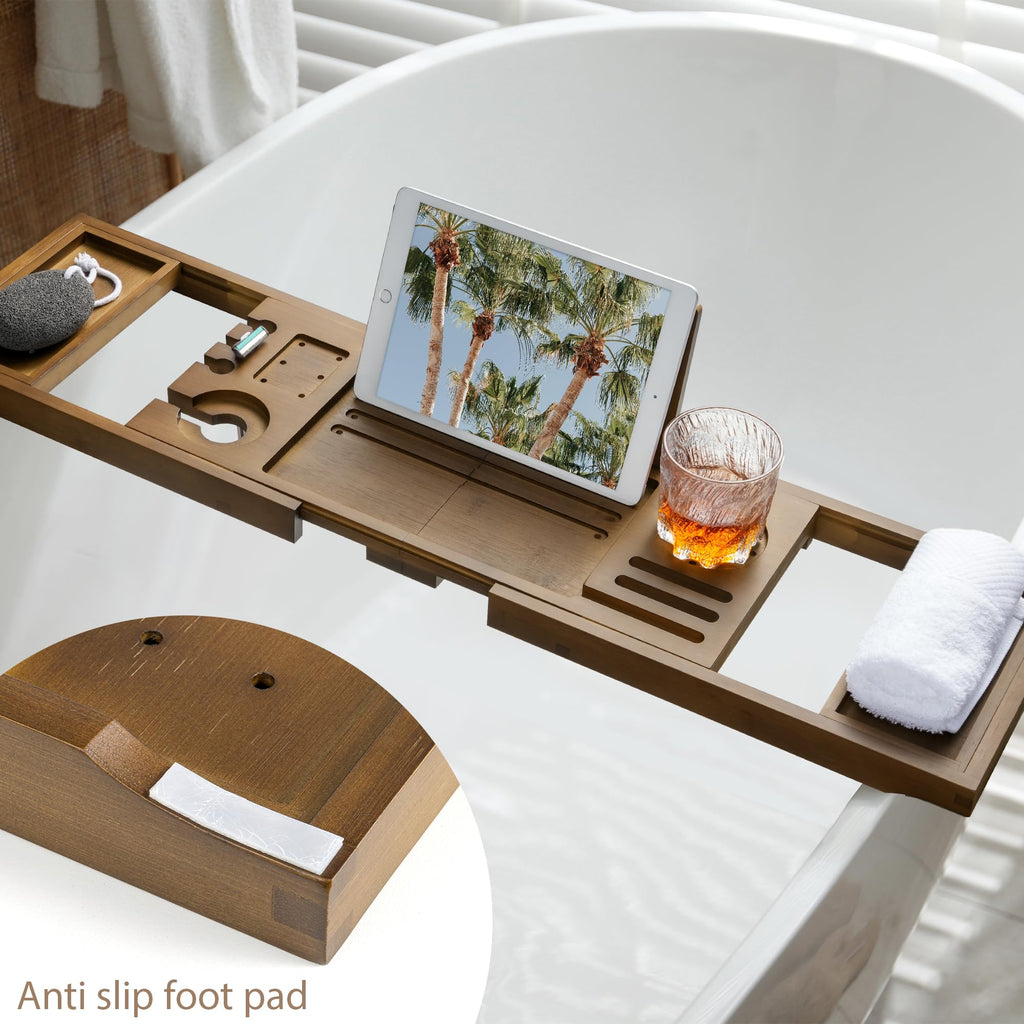 Bamboo Bathtub Tray Caddy, Adjustable Walnut Finish 28.5‑40"