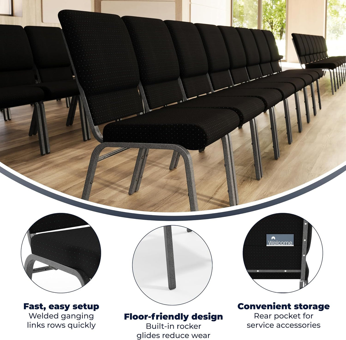 HERCULES Series 18.5''W Stacking Church Chair in Black Patterned Fabric - Silver Vein Frame, 25"D x 19.25"W x 33.25"H