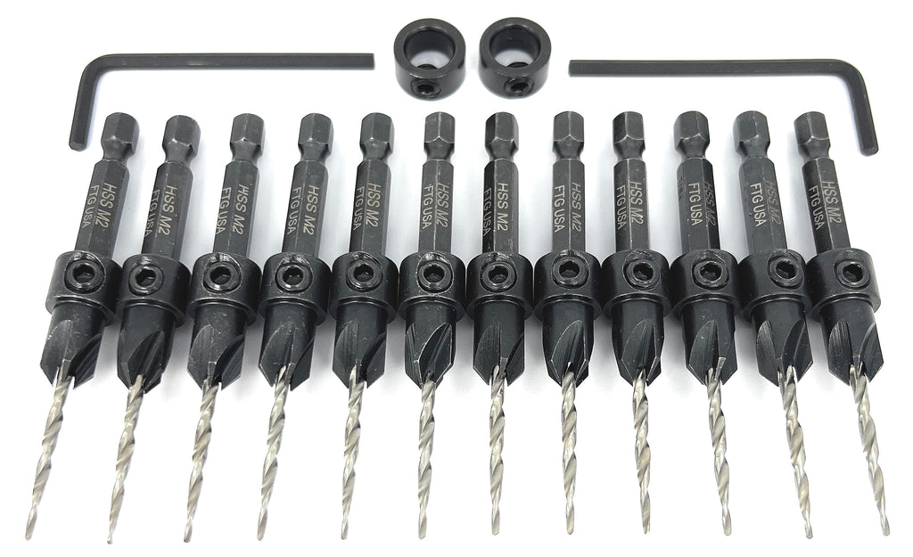 FTG USA 12 Pc #4 (7/64") Countersink Drill Bit Set with Tapered Drill Bits