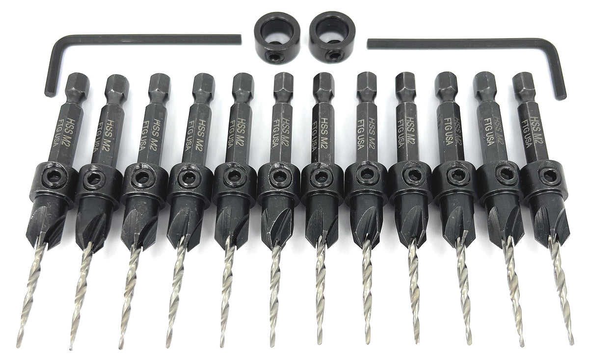 FTG USA 12 Pc #4 (7/64") Countersink Drill Bit Set with Tapered Drill Bits