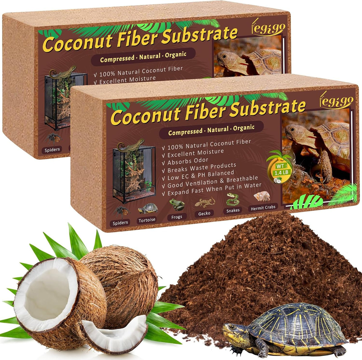 2 Pack Coconut Fiber Substrate, Natural Coco Coir Reptile Bedding
