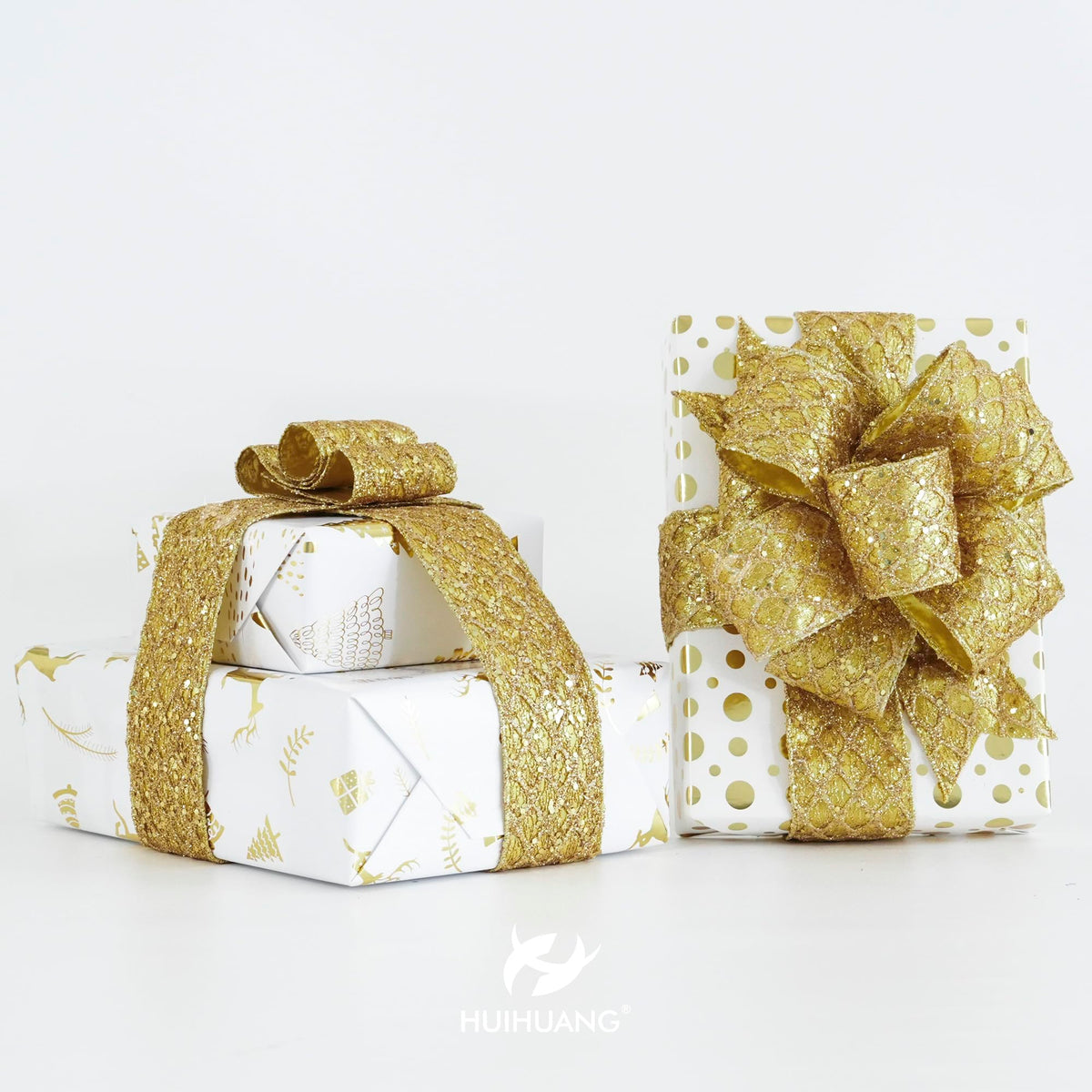 Glitter Gold Diamond Christmas Wired Ribbon 2.5 inch x 10 Yards