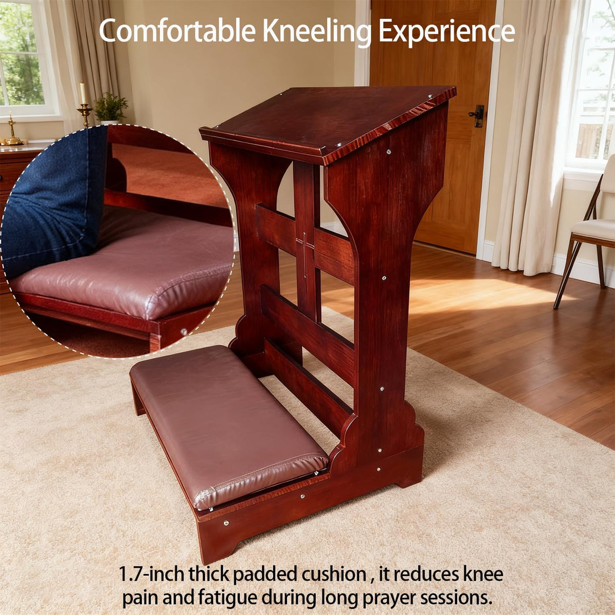 Wood Prayer Bench with Cushion – Kneeler for Home and Church, Padded Kneeling Stool with Slanted Shelf for Bible, 23"