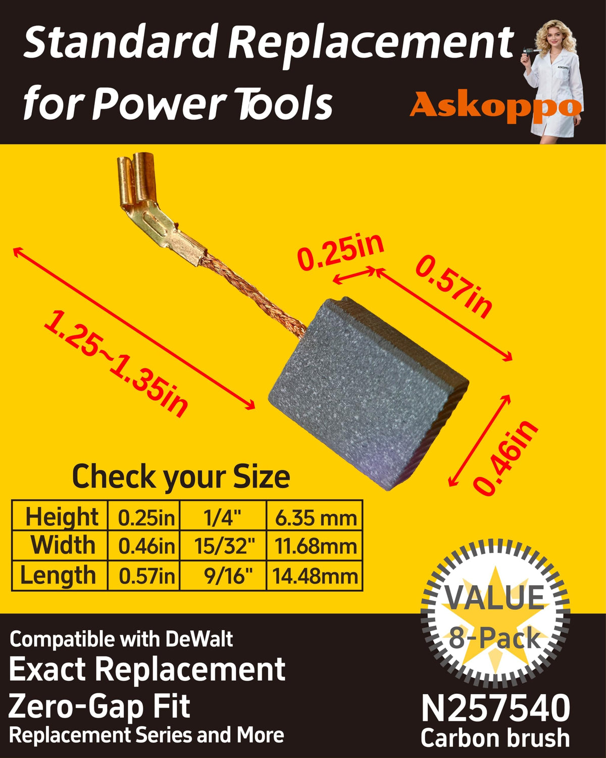 N257540 (8-Pack) Heavy Duty Carbon Brushes, Carbones para DeWALT DWE402 DWE4214 Angle Grinder Replacement, High Conductivity, Askoppo