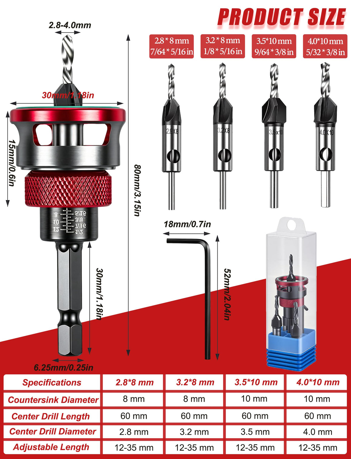 FISHFRUIT 7PCS Countersink Drill Bit Set with Adjustable Depth Stop Collar