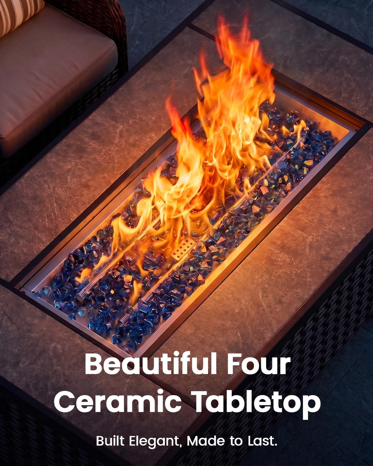 43″ Fire Pit Table, Outdoor Propane Fire Pit Table with Premium Ceramic Tabletop, Glass Wind Guard, Lid, Glass Rock