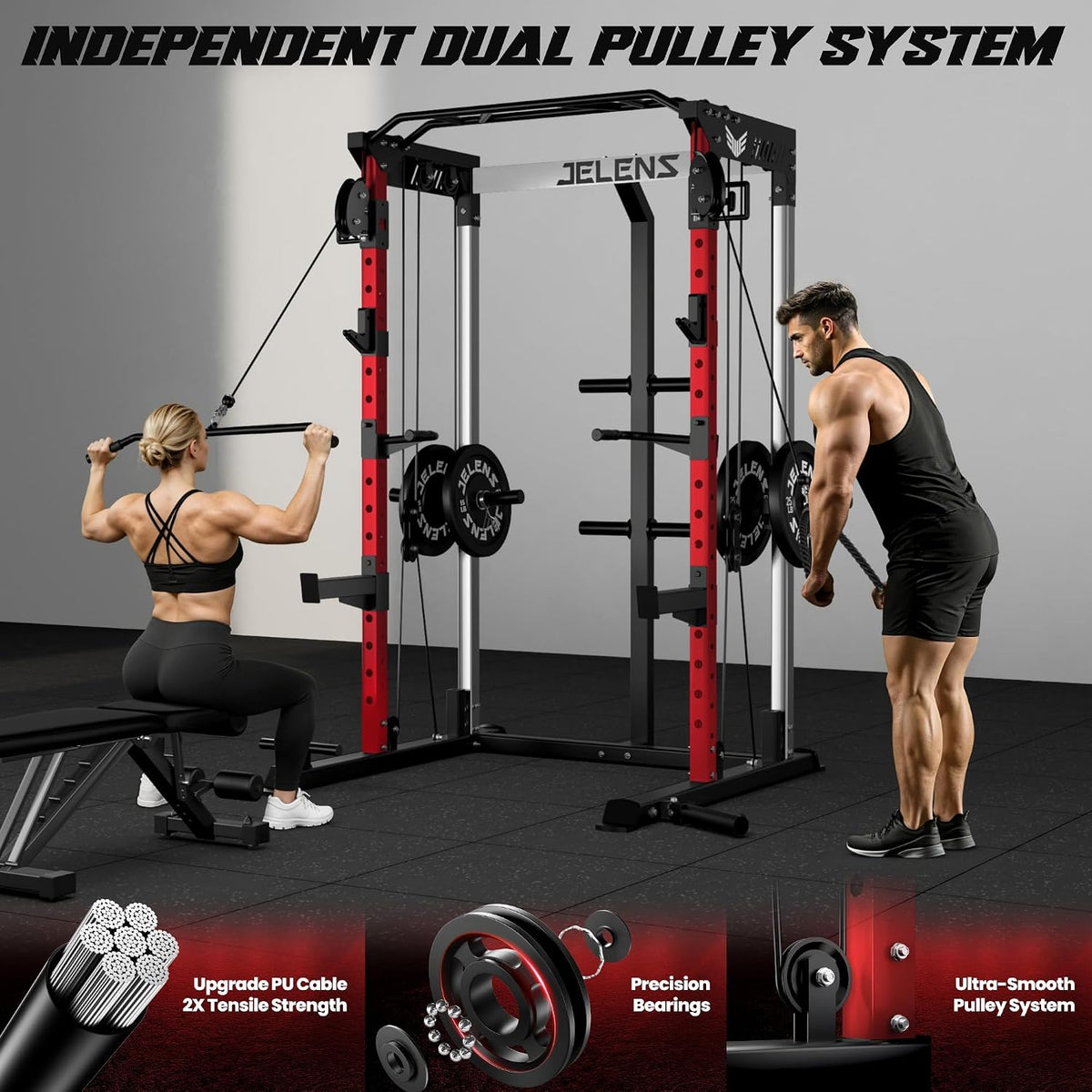 C21 Power Cage, 2000LBS Multi-Function Power Rack with Independent Dual Pulley System, All-in-One Squat Rack for