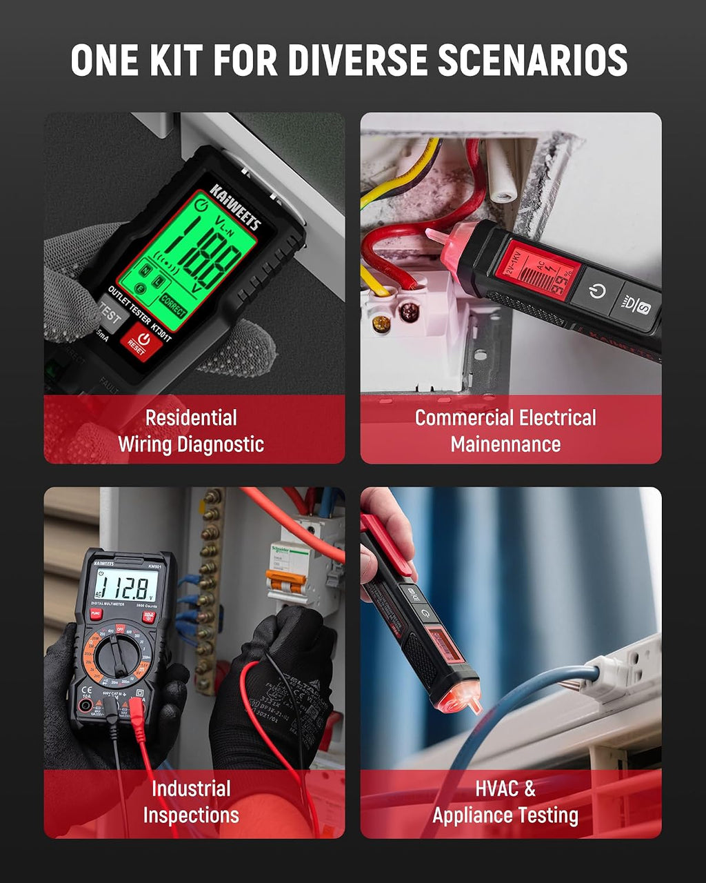 Electrical Test Kit KIT01, Digital Multimeter, Smart Non-Contact Voltage Tester & GFCI Outlet Tester with LCD