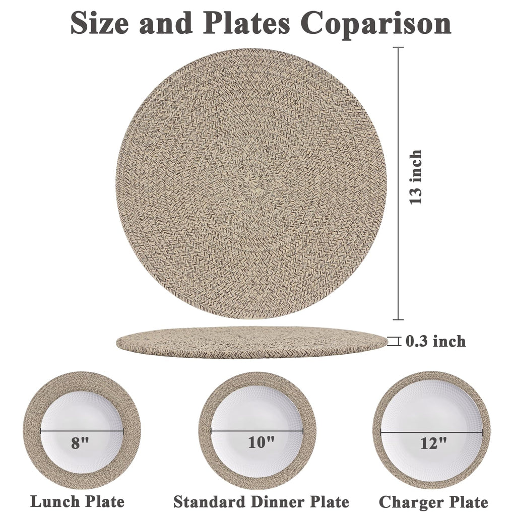 Round Placemats Set of 6, Cotton Rope Woven Table Mats, Hot Pads for Kitchen, Non Slip Heat Resistant Place Mats, 13