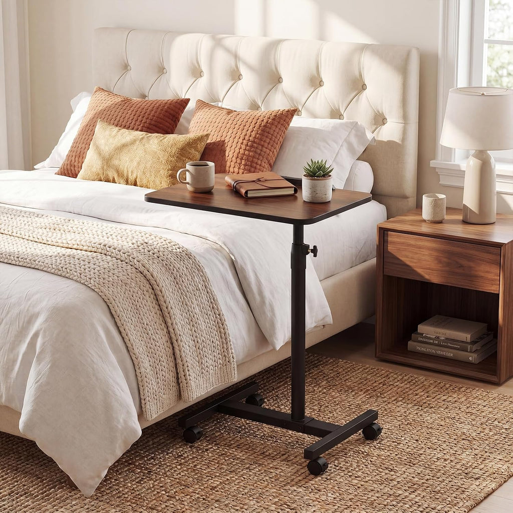 Overbed Table with Wheels, Medical Adjustable Bedside Table, Walnut
