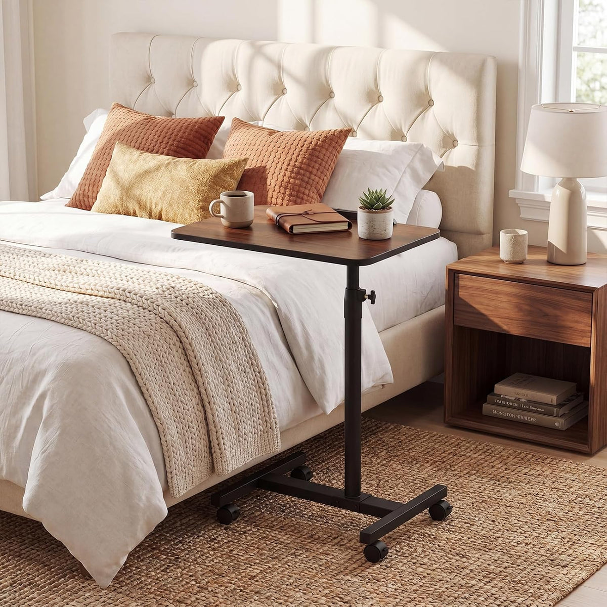 Overbed Table with Wheels, Medical Adjustable Bedside Table, Walnut