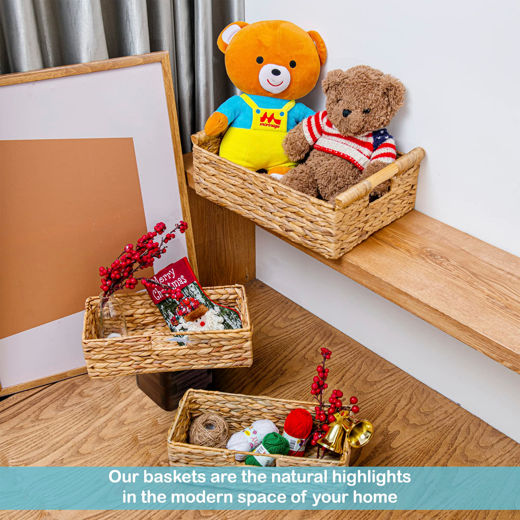 Large Water Hyacinth Storage Baskets for Organizing with Wooden Handles for Shelves, 2 Bathroom Small Basket, Water