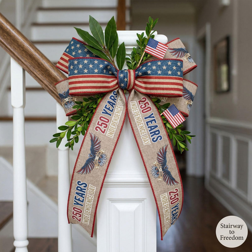 2 Rolls USA 250th Anniversary Ribbons for Wreath Bows Gifts, Red Blue Star Burlap Ribbons Patriotic Ribbon 4th of