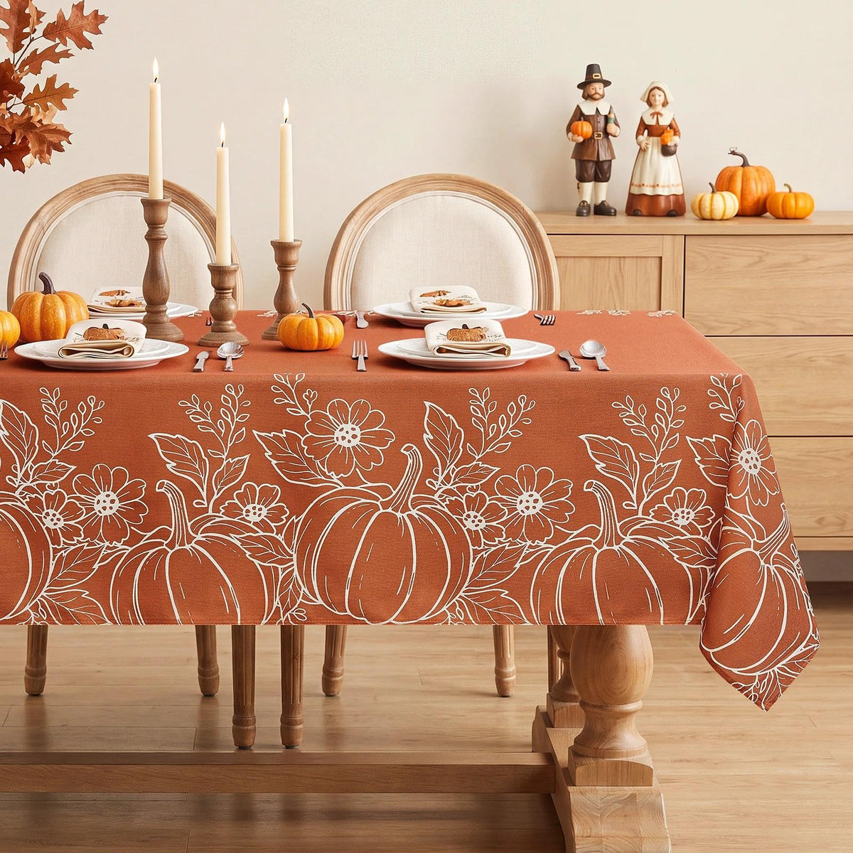 Large Fall Tablecloth Rectangle 60x104 inch, Faux Linen Autumn Table Cloths with Maple Leaves & Pumpkin, Water