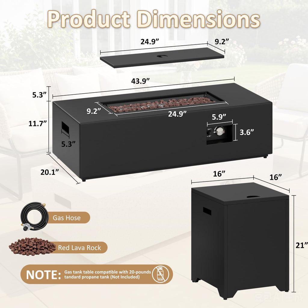 43.9" Fire Pit Table, 50,000 BTU with Lava Rocks, Black