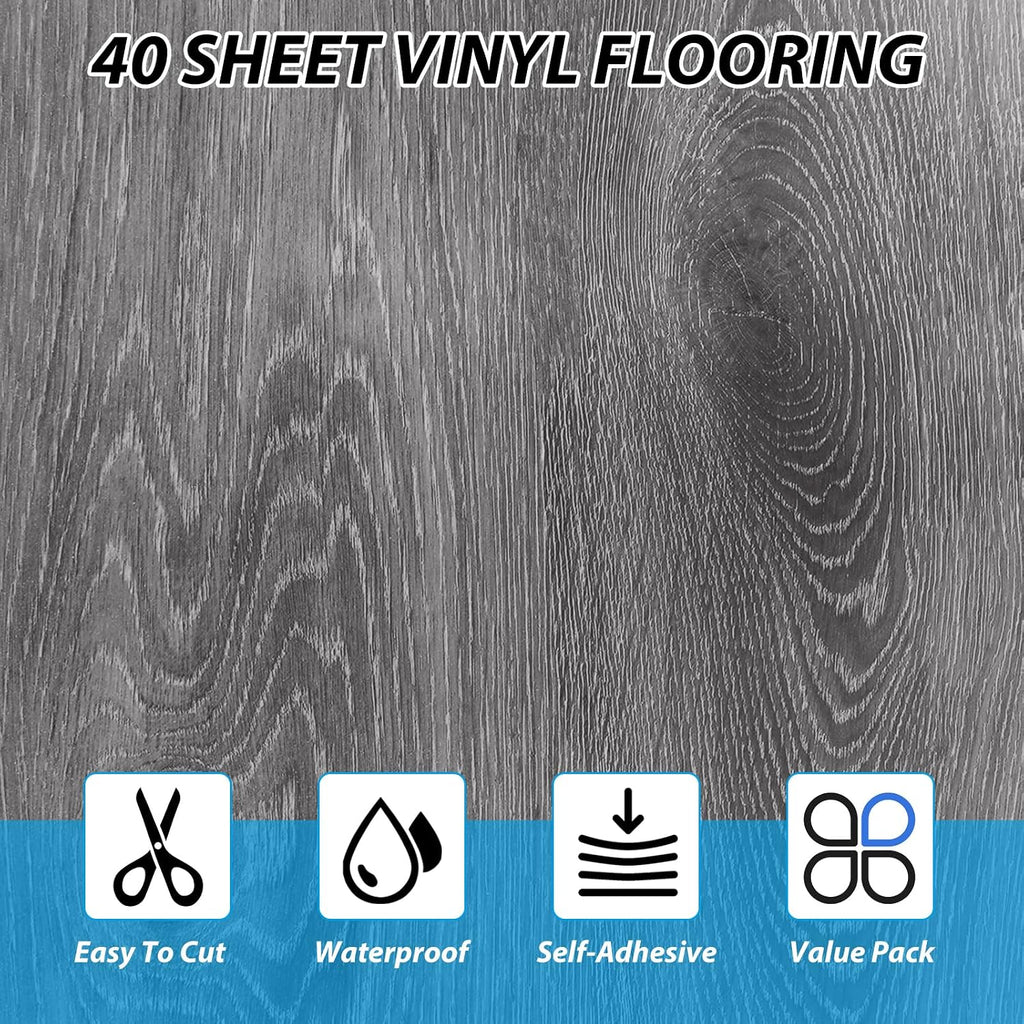 40 Sheet Vinyl Flooring 12” x 12” Peel and Stick Floor Tile Waterproof Clearance Vinyl Floor Tiles Wood Grey Self