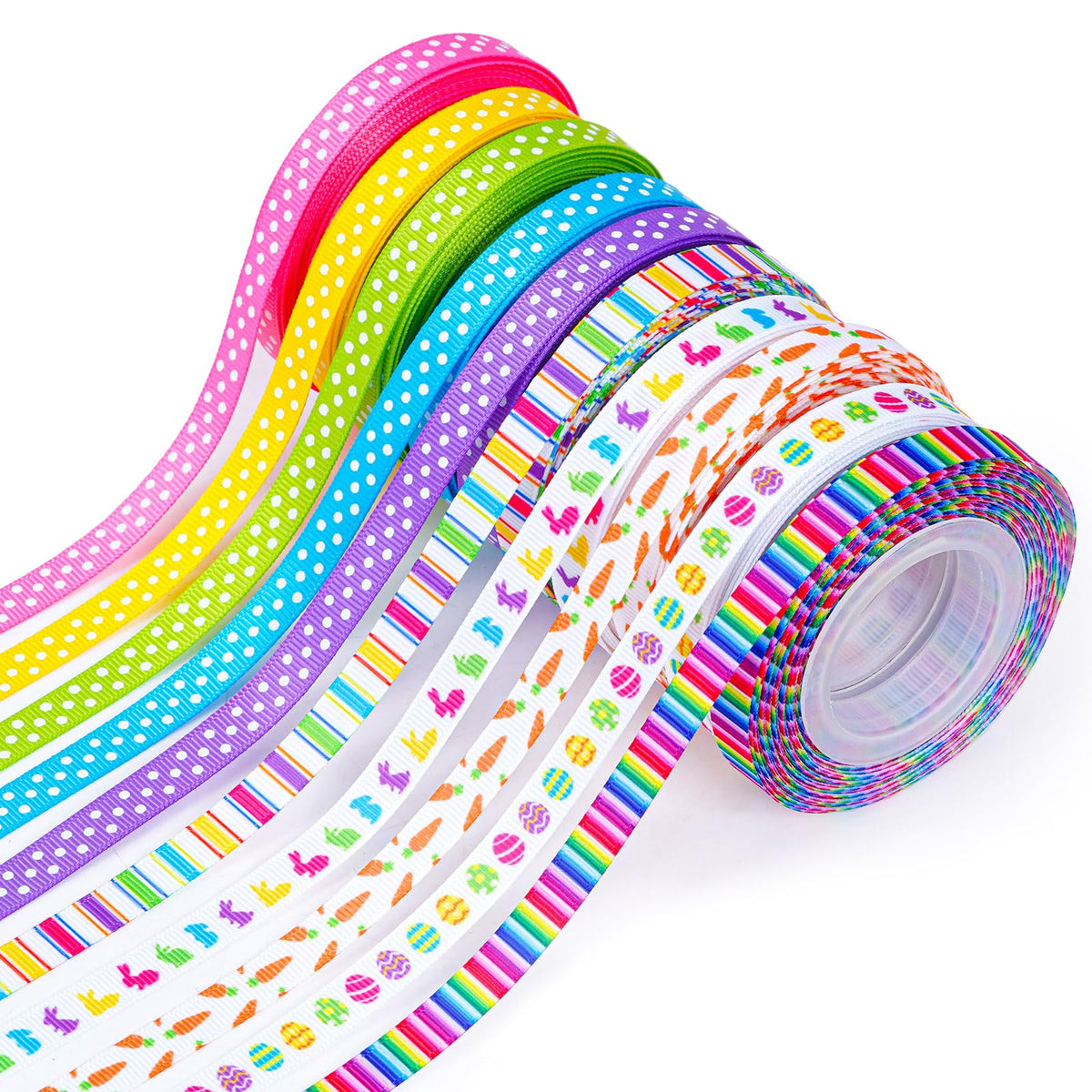 10 Rolls Easter Grosgrain Ribbon, 100 Yards 3/8 inch Easter Spring Bunny Eggs Carrot Stripe Rainbow Polka Dot Rabbit
