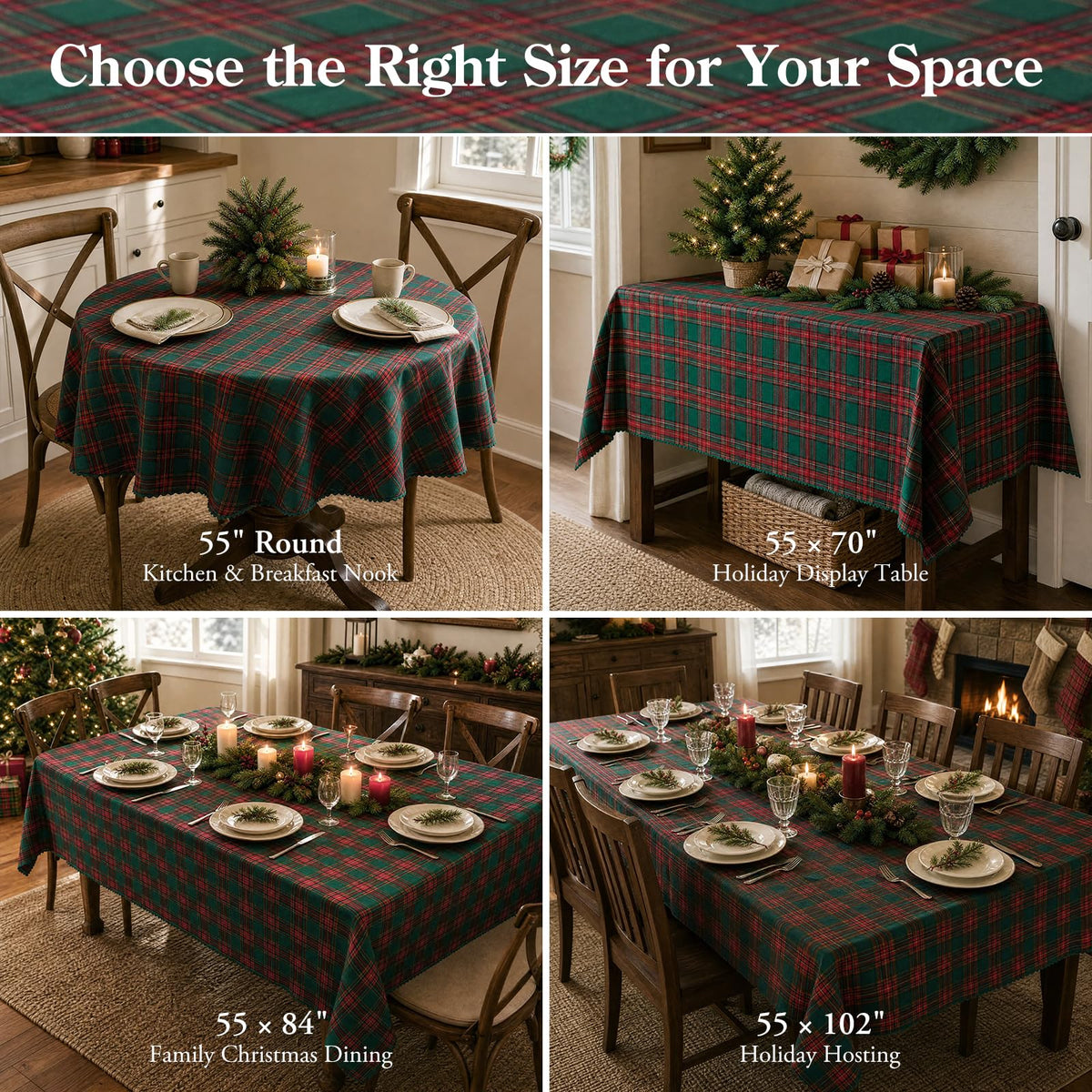Christmas Tartan Plaid Rectangle Tablecloth for 6 Foot Rectangle Tables, 55 X 84 Holiday Red Forest Green Vintage